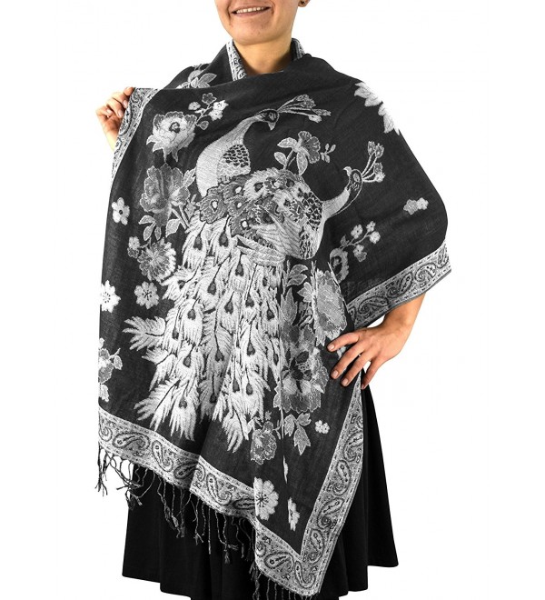 Peach Couture Floral Peacock Reversible Shimmer Layered Pashmina Wrap Shawl Scarf - Black/White - C31875MHYMT