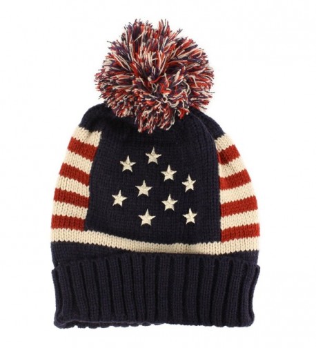 Winter Vintage Stars Stripe Knit USA Flag Beanie Skull Ski Pom Pom Hat Cap - Navy - CI11ORFSFM1
