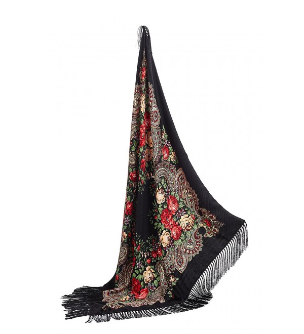 Ladies Tassel Shawl With Roses Ukrainian Polish Russian Floral Head Wrap 44" x 44" - Black - C717YL0HEN2