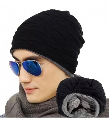 Vocni Mens Beaneie Hat Winter Fleece Lined Outdoor Warm Knit Skull Beanies Caps - Black - CH188RYERL2