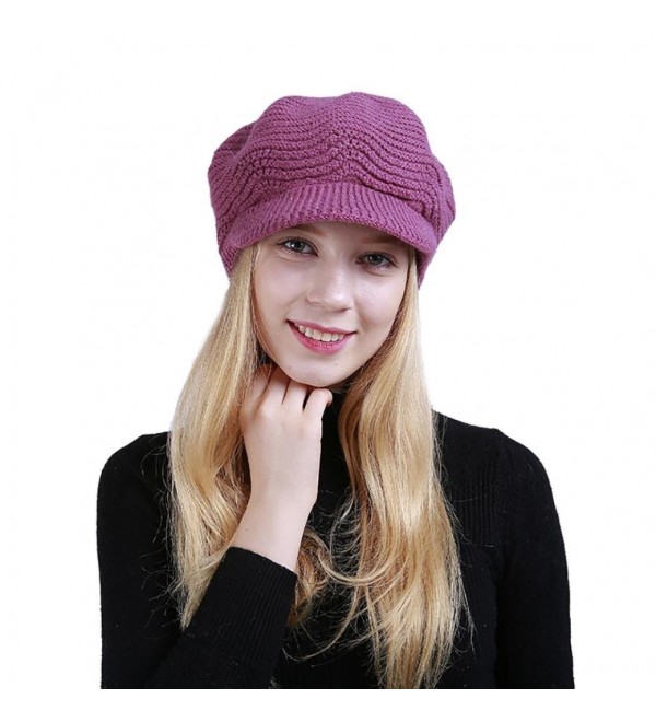 Women Knit Hat- Sothread Winter Wool Knitted Hat Beret Stretch Ski Beanie Cap with Visor (Hot Pink) - Hot Pink - CL188MM3SZ2