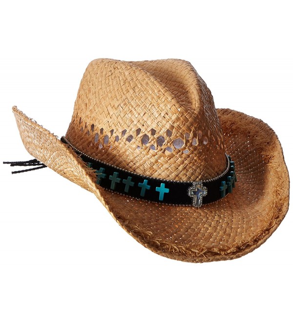 Blazin Roxx Women's Cross Concho Raffia Hat - Turquoise/Tan - C91184XHYXD