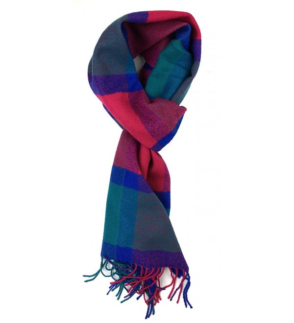 Plum Feathers Plaid Check and Solid Cashmere Feel Winter Scarf - Blue-fuchsia-teal - C3188ZOIXER