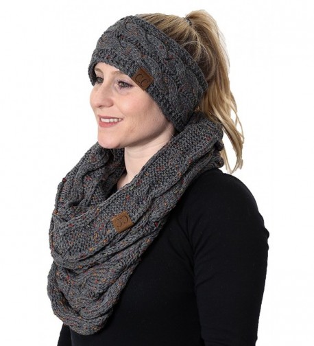 CC Confetti Cable Knit Fuzzy Lined Head Wrap With Matching Infinity Scarf - A Confetti Melange Grey Design - CK180L25I5D