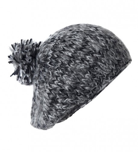 Cute Slouch Beanie Beret Hat w/ Pom- Classic Vintage Chunky Knit Style Cap - Black Gray Mix - CF11QFXS0BJ