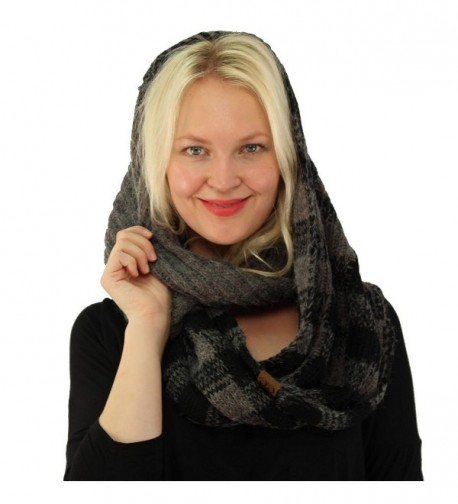 CC Buffalo Plaid Soft Chunky Pullover Knit Long Infinity Hood Cowl Scarf - Dk. Melange Gray/Black - C3186AHA2RW