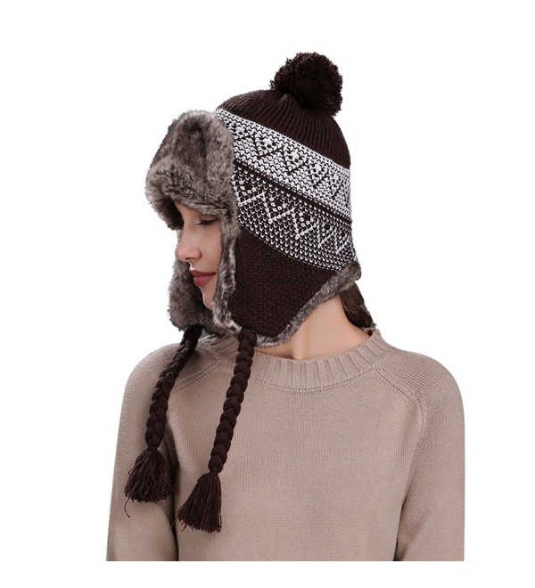 Highpot Women Knit Wool Beanie Hat Winter Warm Ski Cap with Ear Flaps - Coffee - C4187NOMSOG