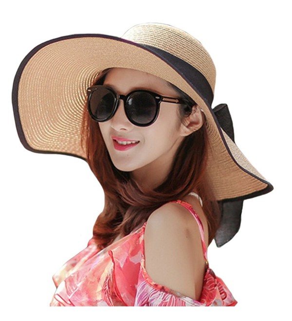 Itopfox Women's Big Bowknot Straw Hat Floppy Roll up Beach Cap Big Brim Sun Hat - Khaki - C01822G6XML