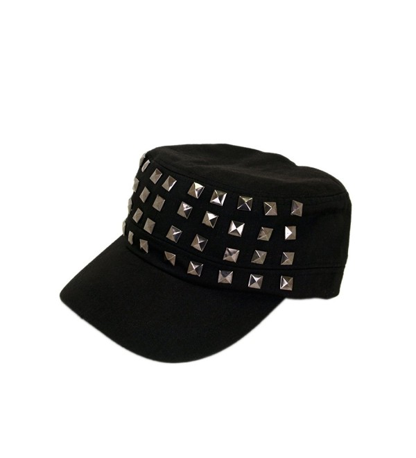 Adjustable Cotton Military Style Studded Front Army Cap Cadet Hat - Diff Colors Avail - Black - C611KUTXMKX