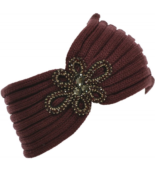 Hand By Hand Aprileo Floral Knitted Headband Headwrap Rhinestone Warmth - Burgundy. - CM12GUFW93V