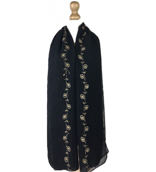 NEW LADIES WOMEN SOFT LARGE GOLD EMBROIDERED LEAF SCARF SHAWL HIJAB - Black - CM12O0UW8TX