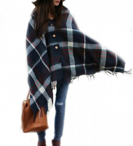 Pretty Simple Plaid Button Blanket Scarf Shawl Women's Wrap - Navy Blue - CR12G26THW9