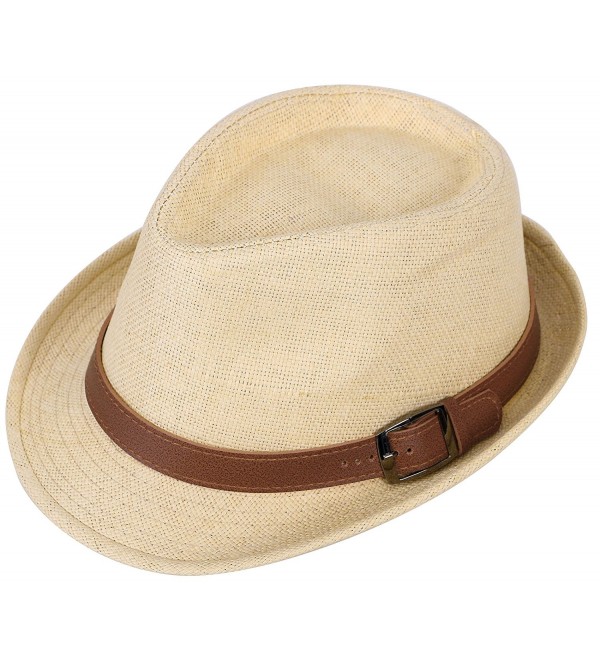 EPGU Men/Womens Outdoor Casual Structured Straw Fedora Hat w/PU Leather Strap - Natural Hat Brown Belt - CM1804LC7XY