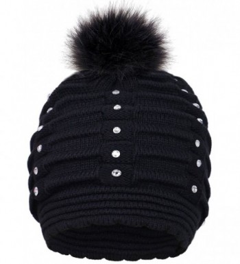 Toppers Womens Faux Fur Pompom Knit Winter Beanie Hat w/Sequins - Black - CZ18953TKAM