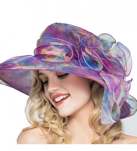 Women's Colorful Organza Sun Hat Wide Brim Tea Party Kentucky Derby Hat - Purple - CR1836D8DW5