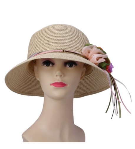 JTC Lady Beach Straw Sun Hat Bowler Cap with Chiffon Bow Visor Brimmed 5Colors - Cream - CD11KOKU5CB