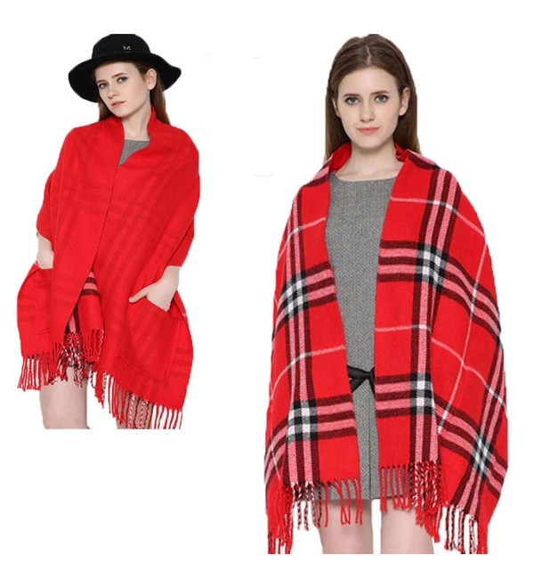 Da Ben Tai Women's Cashmere double sided fringed plaid scarf shawl with pocket - Red - CD187ED8WH2