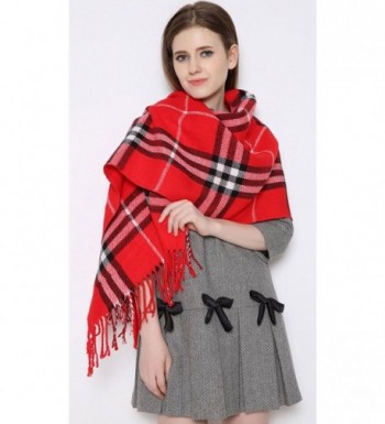 Women's Cashmere double sided fringed plaid scarf shawl with pocket Red ...