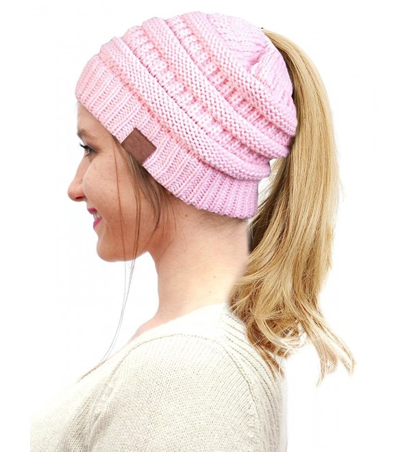 FADA BeanieTail Soft Stretch Cable Knit Messy High Bun Ponytail Winter Women Beanie Hat - A-baby Pink - CE188K4X2ZZ