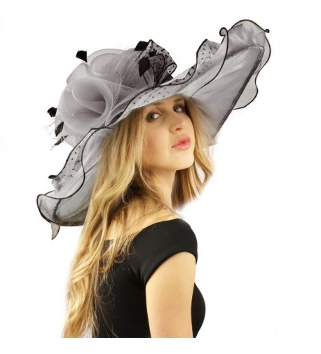 Grand Wide 8" Brim Floral Polka Dot Derby Floppy Organza Dressy Party Hat - Gray - CV12E9XM8QT