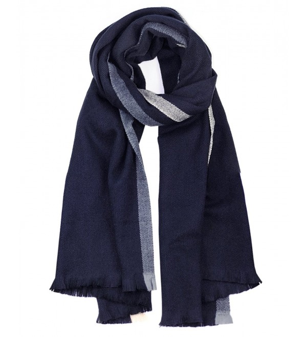 NYFASHION101 Women's Two Striped Oblong Large Blanket Shawl Scarf - Navy - CU12NB65FRY