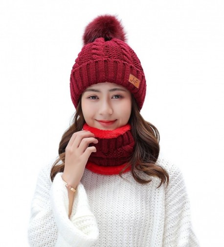 IRELIA Womens/Mens Faux Fur Knitted Pom Fleece Lined Caps Beanie Scarf Set - 2 in 1(wine Red) - C7187DZ9QWD