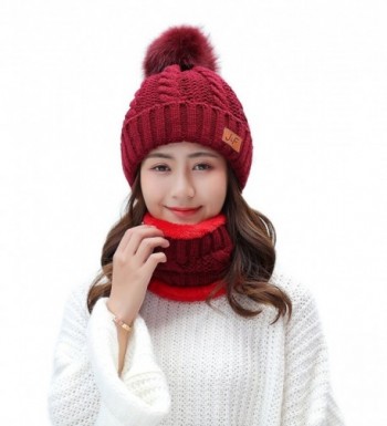 IRELIA Womens/Mens Faux Fur Knitted Pom Fleece Lined Caps Beanie Scarf Set - 2 in 1(wine Red) - C7187DZ9QWD