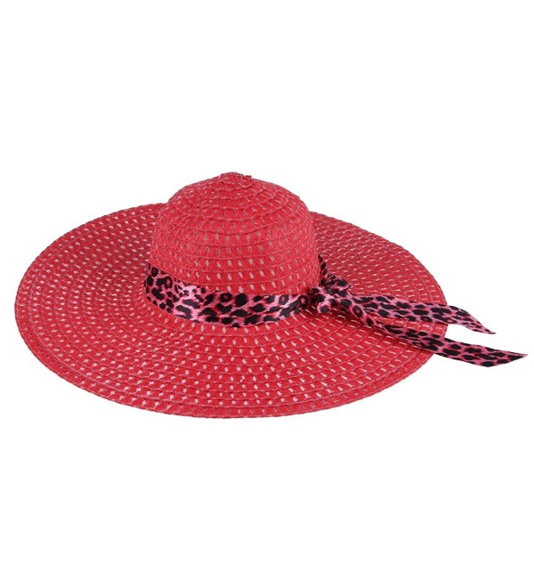 JTC Big Straw Hats Wide Brim Leopard Ribbon 12 Colors - Red - CY122LMWLDF