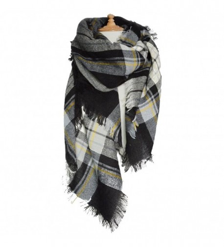 Sundayrose Plaid Blanket Scarf Oversized Square Tartan Shawl Wrap - Black White Yellow - C718787SN80