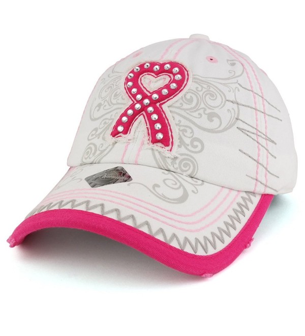 Trendy Apparel Shop Breast Cancer 3D Pink Ribbon Embroidered Cotton Baseball Cap With Cubic Studs - White - CD17YL5OL6Z