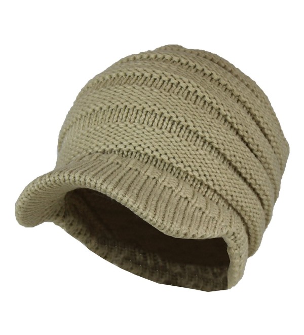 Warm Cable Ribbed Knit Beanie Hat w/ Visor Brim - Chunky Winter Skully Cap - Tan - CS185XM7W26