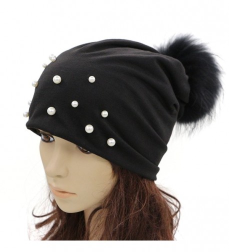 GZHILOVINGL Women Spring Hat- Sparkling Pearls Slouchy Real Pom Pom Beanie Cap - Black - CG188U5QGNU