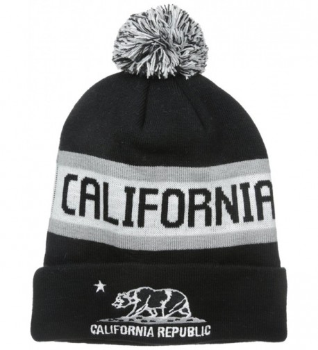 American Cities Unisex California Republic Bear Cuff Pom Pom Beanie Knit Hat Cap - Black White - CK11O96QJM1