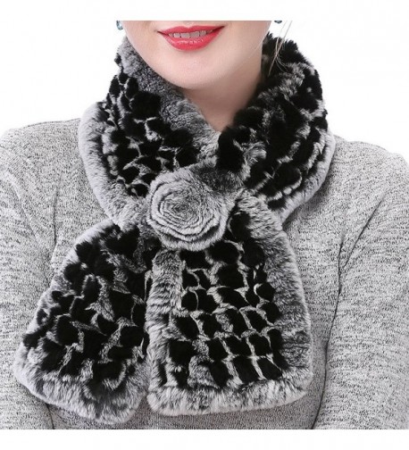 Valpeak Women's Real Rabbit Fur knitted Winter Warm Neck Wrap Scarf Rose Design - Black - CU185W4S25K