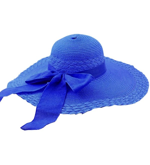 Tobey Women's Self Tie Bowk Wide Brim Summer Beach Straw Hat Cap Visor - Royal Blue - C011KLHC0U7