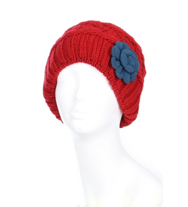 BSB Burgundy Beanie Winter Fleece - Burgundy Red With Blue Flower - CQ12MATOZC3