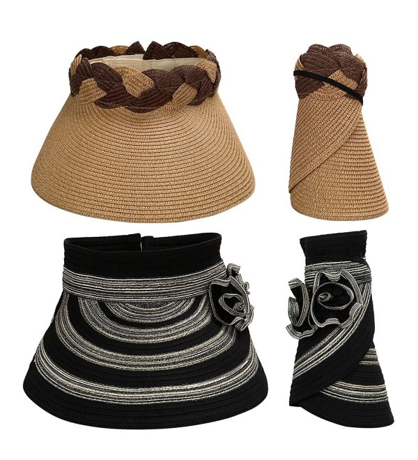 Bundle Monster BMC 2pc Roll Up Collapsible Visor Style Straw Hats- Braid + Floral Collection - Deep Camel + Black - CL17XWLCIS8