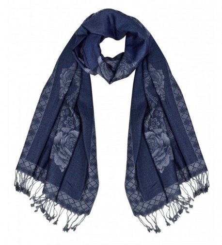 Peach Couture Elegant Floral Pattern Pashmina Wrap Shawl Scarf - Rose Navy Grey - C917Z25TQRN