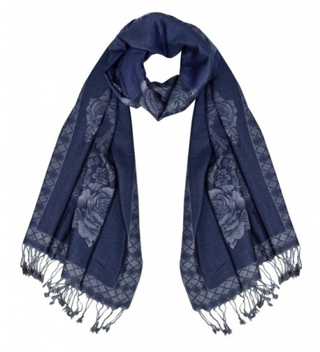 Peach Couture Elegant Floral Pattern Pashmina Wrap Shawl Scarf - Rose Navy Grey - C917Z25TQRN