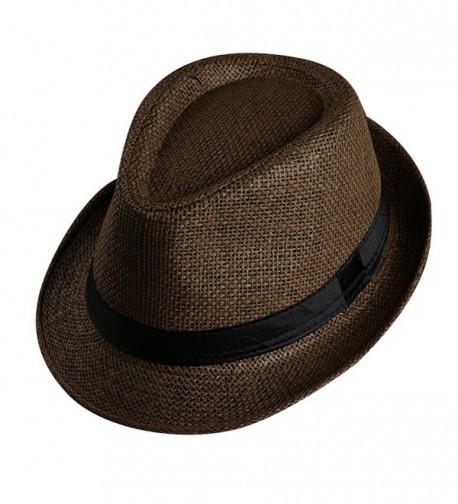 FUNOC Men's Short Brim Straw Fedoras Panama Hat - Coffee - C412JFNO32P