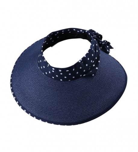 Aerusi Girl Lady Foldable Polka Dot Ribbon Straw Wide Brim Floppy Sun Hat Visor - Navy Blue - CZ12GZSBG4L