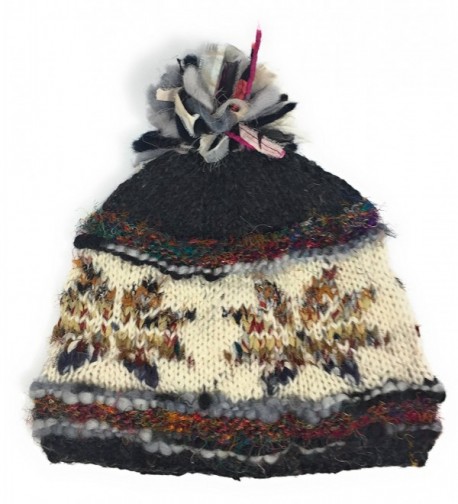 Hand Knit Womens Wool Pom Pom Hat Warm Fleece Lined Nepal - Gray - C012O7WRGBW