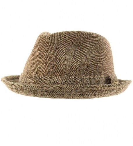 Men's 100% Soft Wool Herringbone Winter Derby Fedora Uprturn Hat - Brown - CI12N1BFPW1