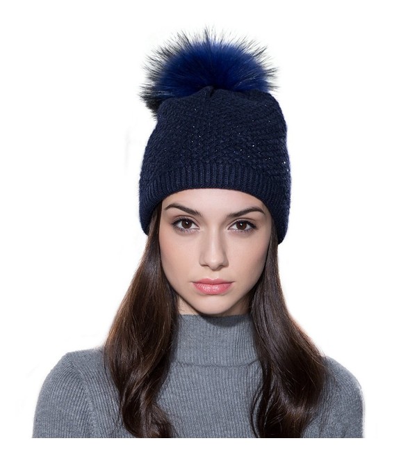 Ferand Ladies Raccoon Knitted Crystal - Navy Blue & Navy Blue Pom Pom - C912NU6M3FG