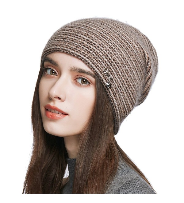 Women's Slouchy Double Layered Wool Knitted Beanie Cap Crochet Cotton Hat for Winter - Brown - CN1876TXHLR