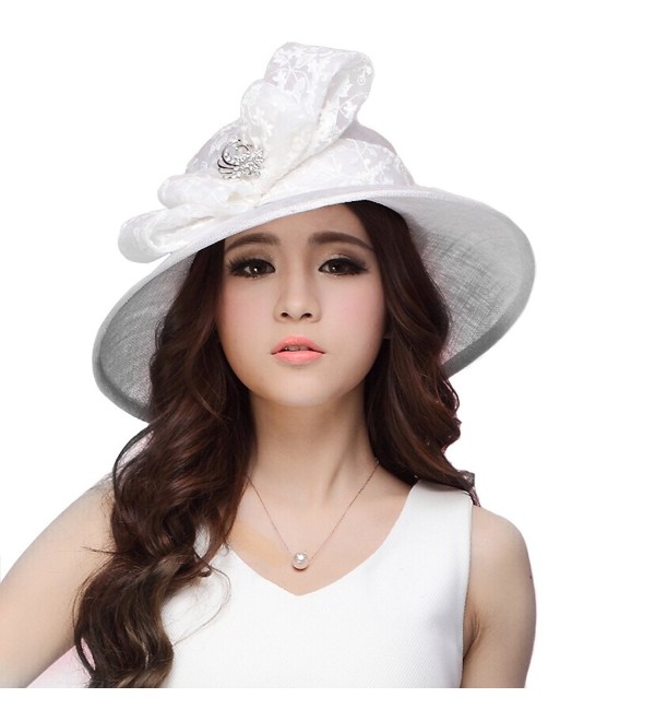 June's Young Women Hat Sinamay Summer White Hat Lace Bow Flower Wide Brim - C311VLP2GW5