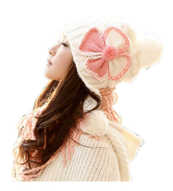 Dealzip Inc Sweet Four-leaf Clover Design Winter Warm Knitted Hat Cap For Women Girls - White - CU11PQA82RN