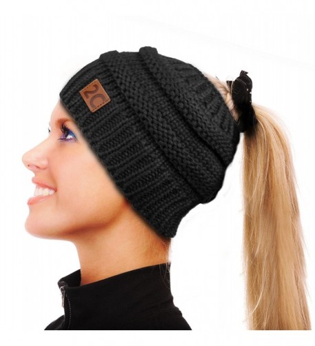 2C Messy Bun Beanie Stretchy Cable Knit Hat Soft Warm Winter Cap - Black - CN1896QUO0U