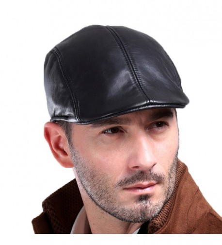 Vemolla Men's Real Leather Fashion newsboy IVY Cabbie Cap Gatsby Flat Golf Hat - Black - C312NTLC3IQ