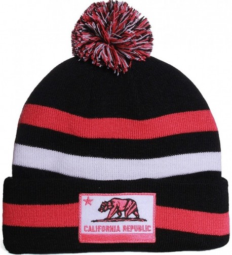 American Cities California Republic Cuff Beanie Knit Pom Pom Hat Cap - - Black Fuschia - CN11IW4JKJF